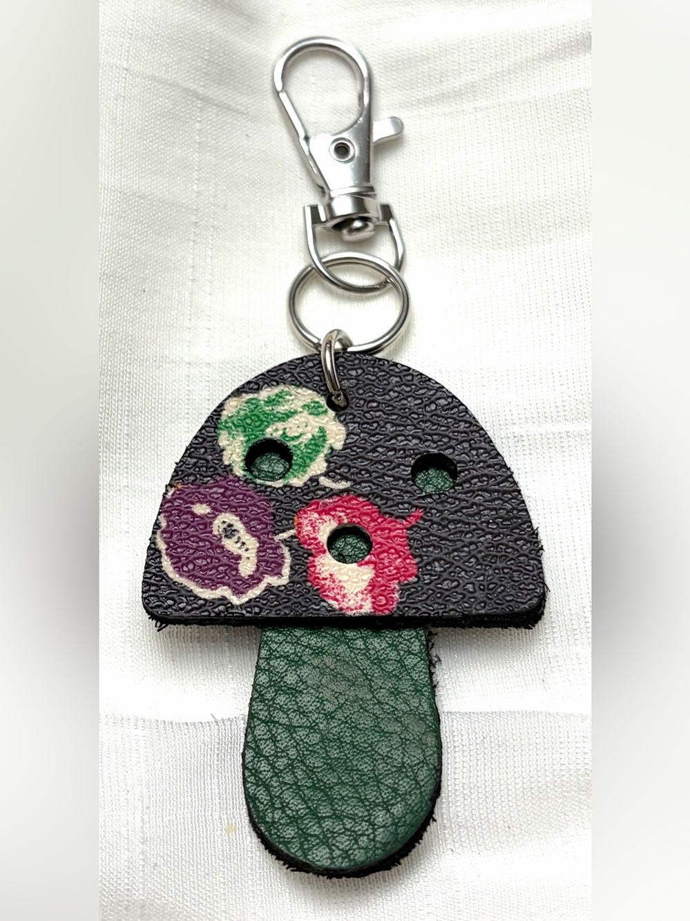 Upcycled COACH Leather Mushroom Keychain Charm in Black Floral and Green